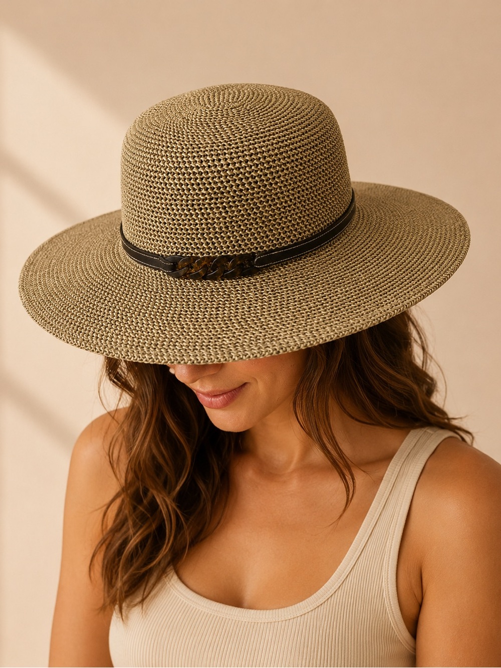 Nine West Wide-Brim Woven Sun Hat with Black Chain Band - Tan